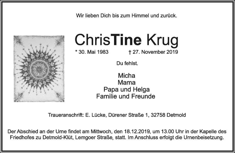  Traueranzeige für Christine Krug vom 14.12.2019 aus Lippische Landes-Zeitung