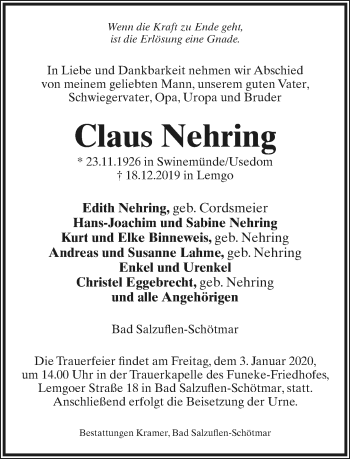 Anzeige  Claus Nehring  Lippische Landes-Zeitung