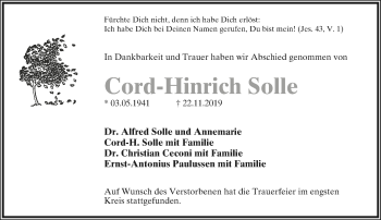 Anzeige  Cord-Hinrich Solle  Lippische Landes-Zeitung