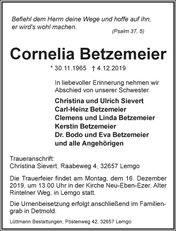 Anzeige  Cornelia Betzemeier  Lippische Landes-Zeitung