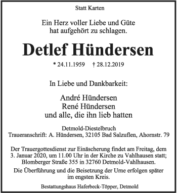 Anzeige  Detlef Hündersen  Lippische Landes-Zeitung