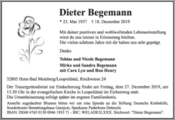 Anzeige  Dieter Begemann  Lippische Landes-Zeitung