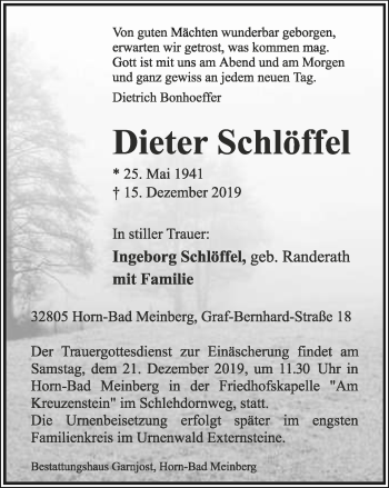 Anzeige  Dieter Schlöffel  Lippische Landes-Zeitung