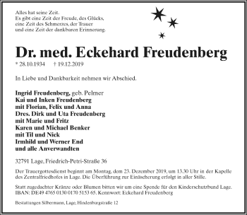 Anzeige  Eckehard Freudenberg  Lippische Landes-Zeitung