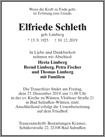 Anzeige  Elfriede Schleth  Lippische Landes-Zeitung