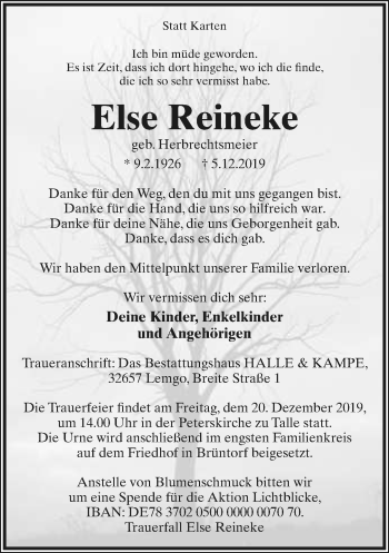 Anzeige  Else Reineke  Lippische Landes-Zeitung