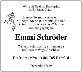 Anzeige  Emmi Schröder  Lippische Landes-Zeitung