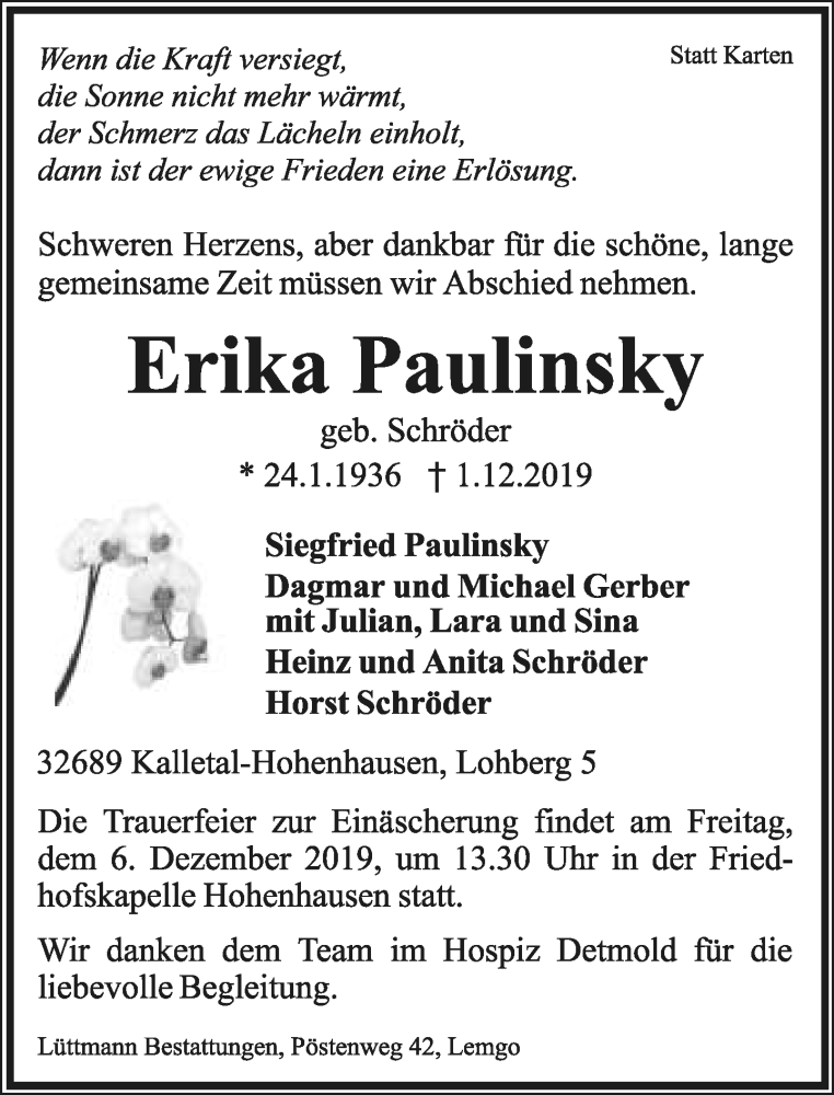  Traueranzeige für Erika Paulinsky vom 04.12.2019 aus Lippische Landes-Zeitung