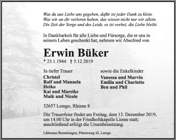 Anzeige  Erwin Büker  Lippische Landes-Zeitung