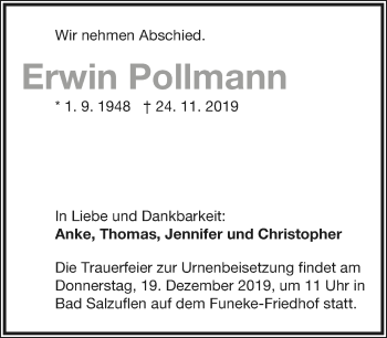 Anzeige  Erwin Pollmann  Lippische Landes-Zeitung