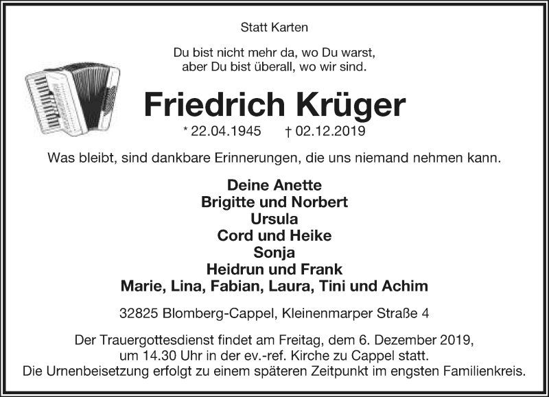  Traueranzeige für Friedrich Krüger vom 05.12.2019 aus Lippische Landes-Zeitung