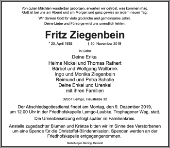 Anzeige  Fritz Ziegenbein  Lippische Landes-Zeitung