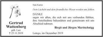 Anzeige  Gertrud Wattenberg  Lippische Landes-Zeitung