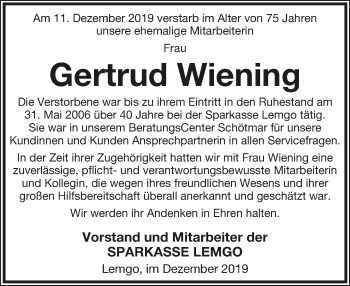 Anzeige  Gertrud Wiening  Lippische Landes-Zeitung