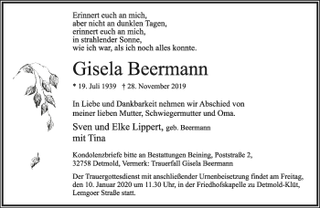 Anzeige  Gisela Beermann  Lippische Landes-Zeitung