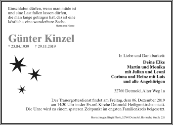 Anzeige  Günter Kinzel  Lippische Landes-Zeitung