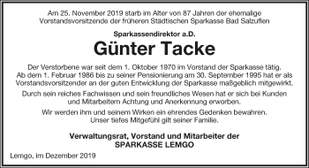 Anzeige  Günter Tacke  Lippische Landes-Zeitung