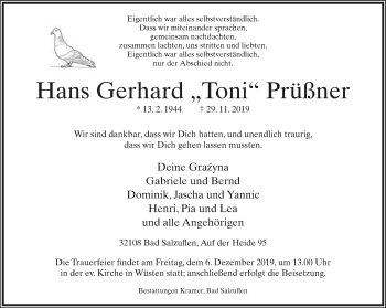 Anzeige  Hans Gerhard Prüßner  Lippische Landes-Zeitung