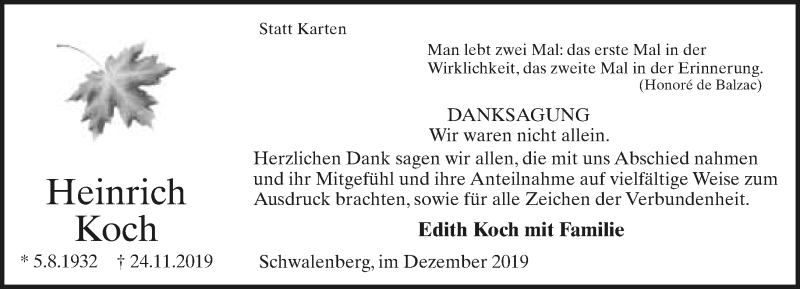  Traueranzeige für Heinrich Koch vom 14.12.2019 aus Lippische Landes-Zeitung
