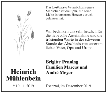 Anzeige  Heinrich Mühlenbein  Lippische Landes-Zeitung