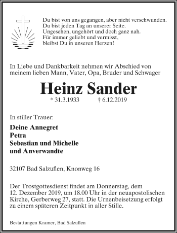 Anzeige  Heinz Sander  Lippische Landes-Zeitung