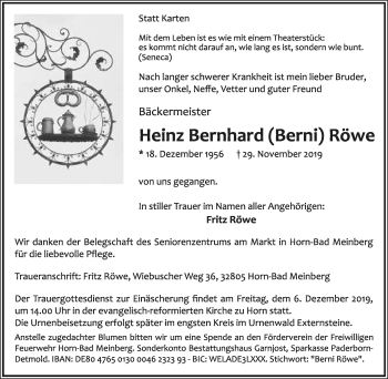 Anzeige  Heinz Bernhard Röwe  Lippische Landes-Zeitung