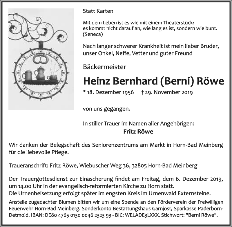  Traueranzeige für Heinz Bernhard Röwe vom 04.12.2019 aus Lippische Landes-Zeitung