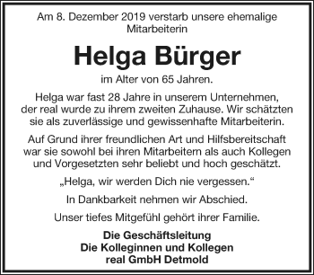 Anzeige  Helga Bürger  Lippische Landes-Zeitung