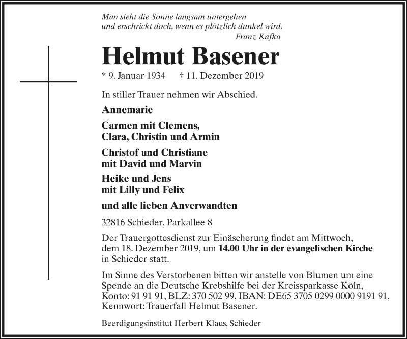  Traueranzeige für Helmut Basener vom 14.12.2019 aus Lippische Landes-Zeitung