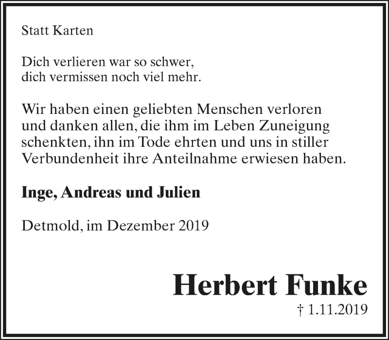  Traueranzeige für Herbert Funke vom 21.12.2019 aus Lippische Landes-Zeitung