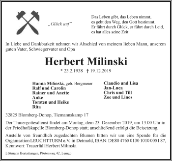 Anzeige  Herbert Milinski  Lippische Landes-Zeitung