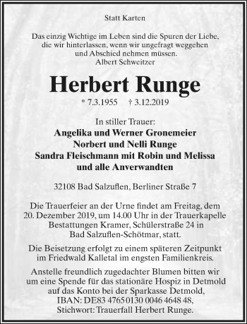 Anzeige  Herbert Runge  Lippische Landes-Zeitung