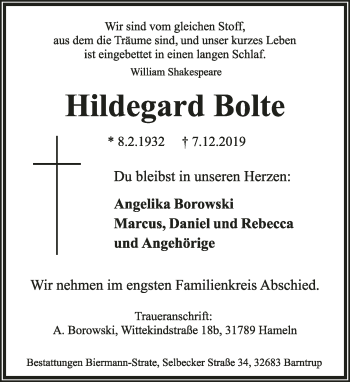 Anzeige  Hildegard Bolte  Lippische Landes-Zeitung