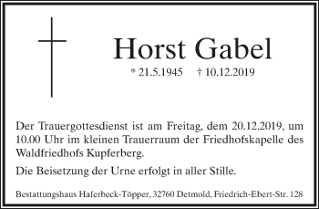 Anzeige  Horst Gabel  Lippische Landes-Zeitung