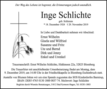 Anzeige  Inge Schlichte  Lippische Landes-Zeitung