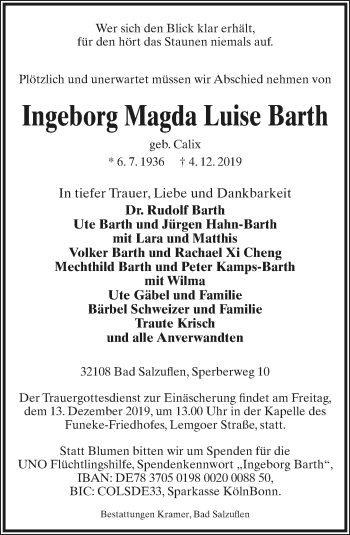Anzeige  Ingeborg Magda Luise Barth  Lippische Landes-Zeitung