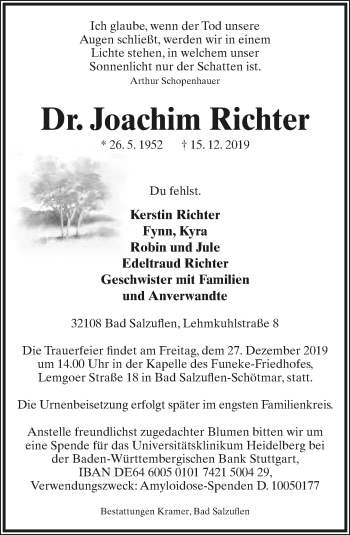 Anzeige  Joachim Richter  Lippische Landes-Zeitung