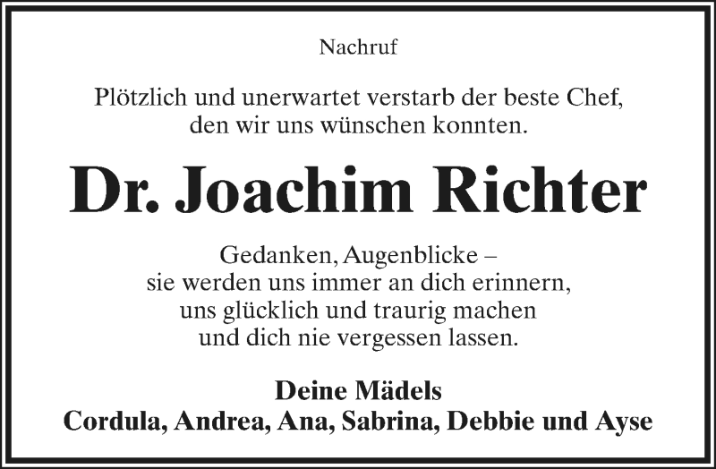  Traueranzeige für Joachim Richter vom 21.12.2019 aus Lippische Landes-Zeitung