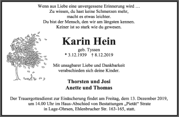 Anzeige  Karin Hein  Lippische Landes-Zeitung