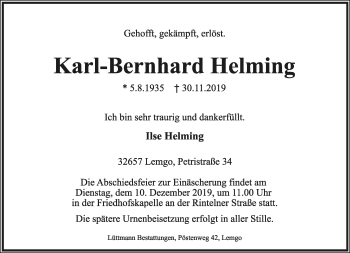 Anzeige  Karl-Bernhard Helming  Lippische Landes-Zeitung