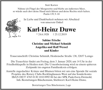 Anzeige  Karl-Heinz Duwe  Lippische Landes-Zeitung