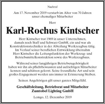 Anzeige  Karl-Rochus Kintscher  Lippische Landes-Zeitung