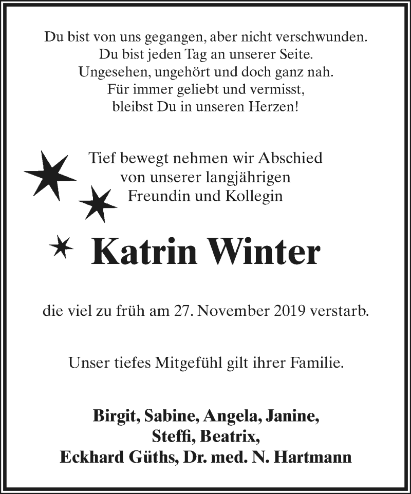  Traueranzeige für Katrin Winter vom 07.12.2019 aus Lippische Landes-Zeitung