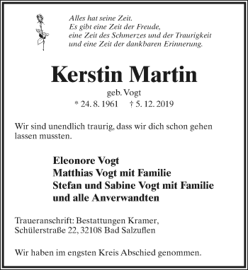 Anzeige  Kerstin Martin  Lippische Landes-Zeitung