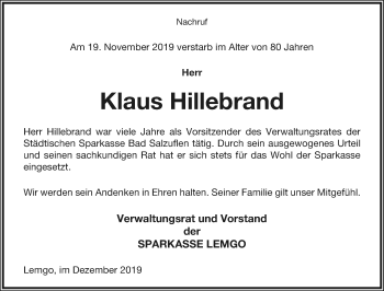 Anzeige  Klaus Hillebrand  Lippische Landes-Zeitung