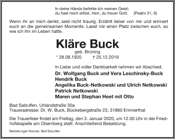 Anzeige  Kläre Buck  Lippische Landes-Zeitung