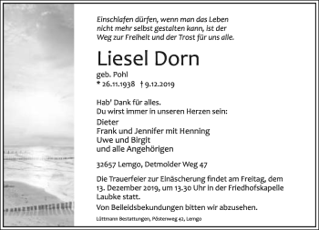 Anzeige  Liesel Dorn  Lippische Landes-Zeitung