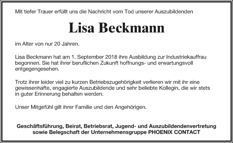  Traueranzeige für Lisa Beckmann vom 07.12.2019 aus Lippische Landes-Zeitung