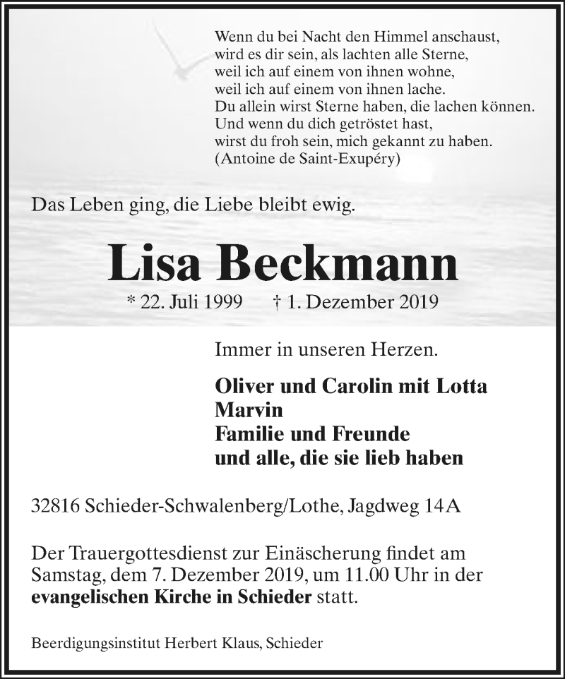  Traueranzeige für Lisa Beckmann vom 04.12.2019 aus Lippische Landes-Zeitung
