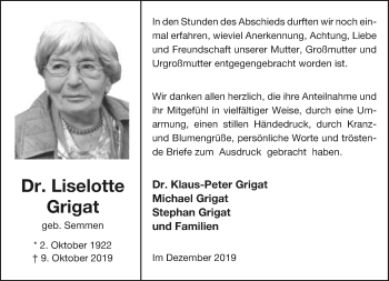 Anzeige  Liselotte Grigat  Lippische Landes-Zeitung